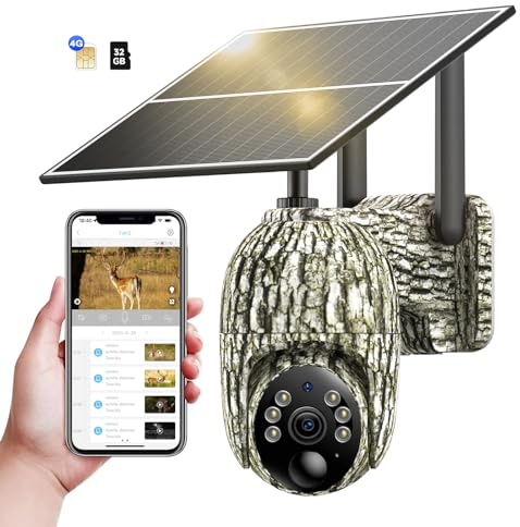 NUASI 4G LTE Fototrappola con SIM, Fotocamera da Caccia, 2K Telecamera con Pannello Solare Esterna, Visione Notturna a Colori, Rilevamento PIR, IP66, 360°