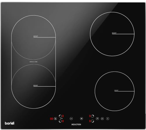60cm 2800W 4 Ring Electric Induction Hob & Bridge Zone - Black Glass Flush