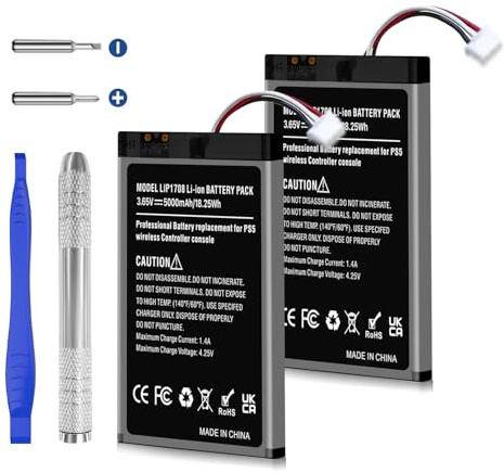Quzmo Confezione da 2 batterie per controller PS5, 5000 mAh, ad alta capacità, LIP1708, ricambio per controller wireless Sony PS5 Playstation 5 DualSense CFI-ZCT1W con kit di attrezzi