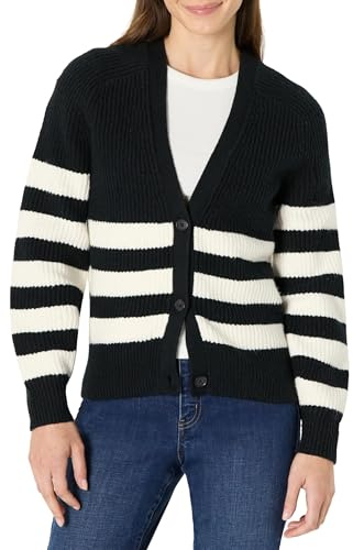 Amazon Essentials Cárdigan Largo de Canalé Suave al Tacto Mujer, Negro Marfil Rayas, XL