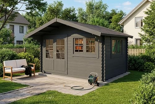 Abri de jardin Gabriel-34 avec sol en bois, abri de jardin 400 x 300 cm, 10,07 m², épaisseur de paroi 34 mm, imperméabilisant gris