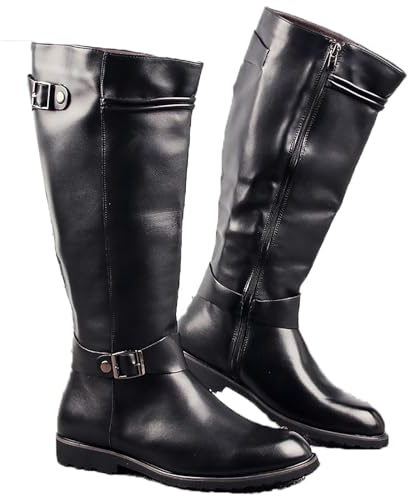 QIeAny Bottes D'équitation (37-46), Cuir Lisse, Semelle en Caoutchouc, Tube Haut/Pointe, Boucle De Ceinture/Fermeture Éclair Latérale, Antidérapantes/imperméables, pour L'automne,39,Black