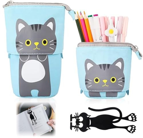 QOWUXHZ Trousse Et Chat Marque-Page Trousse À Crayons Télescopique 2-In-1 Trousse Retractable Crayon Trousse Scolaire Pop-Up Papeterie Debout Étui Sac À Crayons Avec Fermeture À Glissière