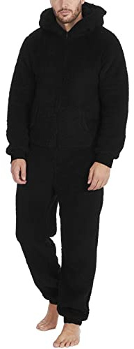 DUHENWU Overall Herren Winter Warm Jumpsuit Flauschig Schlafanzug Teddy Fleece Einteiler Onesie Kuschelig Weich Ganzkörperanzug Lang Einfarbig Hausanzug Mit Kapuze Plüsch Trainingsanzug