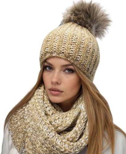 Solvera_Ltd Damen Set für Winter Warme Strickmütze, Wintermütze & Loop mit großer Kunstfell Bommel, Gefütterte Warme Weiche Strickset Beanie mit Fellbommel + Schlauchschal, Einheitsgröße (Senf)