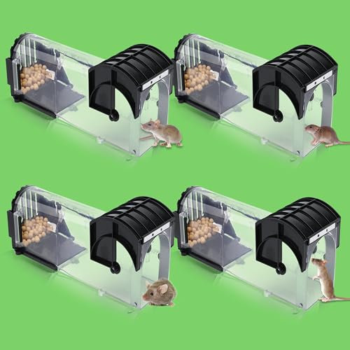 4 X Humane Mouse Traps for Indoors Outdoors, Upgraded Duty Pest Trap for Catch Alive, Fast Acting, Effective, Reusable & Touchless Easy Use Mice Trap, Comes with 2 Cleaning Brushs &Instruction Manual