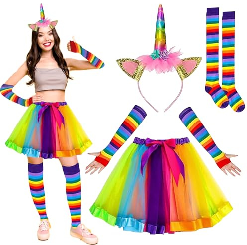 4 Stück Einhorn Kostüm Erwachsene, Regenbogen Kostüm Damen, Regenbogen Tüllrock, Einhorn Horn Stirnband, Regenbogen Kniestrümpfe, Regenbogens Lange Handschuhe, Für Karnevalspartys und Mottoparty