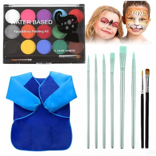 Kinderschminke Set,15 Farben Gesichtsfarben Kinderschminken,Karneval Schminke,Fasching Schminke,Body Painting Farben Mit 7 Pinsel Und Blau SchüRze FüR Weihnachten Karneval Ostern