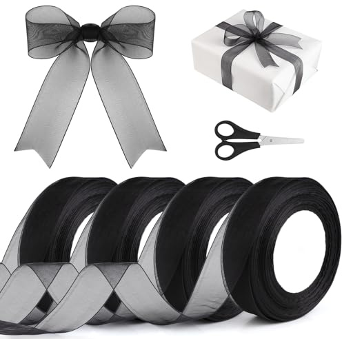 4 Rollen Geschenkband Schwarz, 45m x 25mm Breit Trauerband mit 1 Schere, Schleifenband Schwarz, Organzaband, Trauerschleife, Organza Bänder für Bouquet, Geschenkverpackung