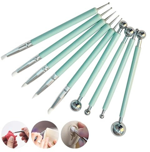 CANCYCC 9 Stücke Modellierwerkzeug, Grün Töpferwerkzeug Ton Schnitzwerkzeug Set, Modellierkugel und Weiche Gummispitze Modellierstift Pottery Clay Tool für Modellierung Keramik Skulptur