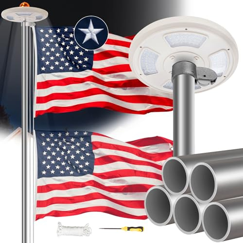 25FT Sliver Heavy Duty Flag Pole Kit with 3x5 Ft American Flag & Solar Light - 12 Gauge Aluminum Tubing, Resistance High Winds, Hardware Flagpole Set for Residential Commercial Outdoor Ready