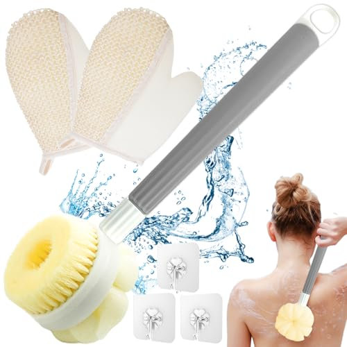 Badehandschuhe-Set,Peeling Handschuh (Paar),Einziehbare Rückenbürste,3 Badezimmerhaken - Tiefenreinigender Bade,Entfernt abgestorbene Haut,Spray-Tan und Keratosis Pilaris - für Erwachsene und Kinder
