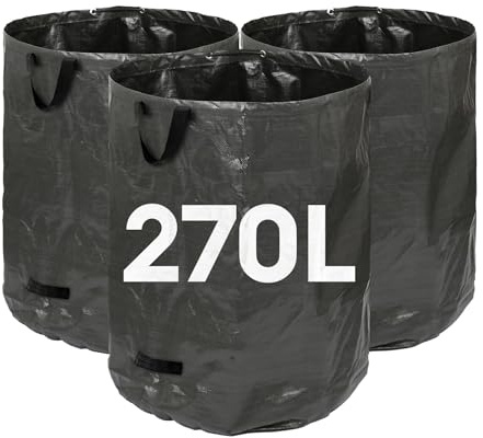 Harbour Housewares 270L Gartenabfallsäcke mit Griffen - Schwarz - 3X Groß Stark Wiederverwendbar Plastik Schwerlast Gartenarbeit Schutt Müll Gras Kompost Blatt Boden Unkraut Stecklinge Müllsäcke