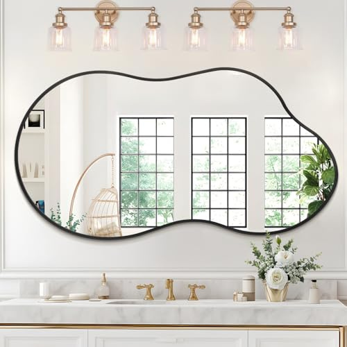 JJUUYOU Grande specchio da parete per bagno, con cornice in metallo spazzolato irregolare, 55 x 100 cm, specchio decorativo da parete per soggiorno, camera da letto, ingresso, vanità, decorazione per