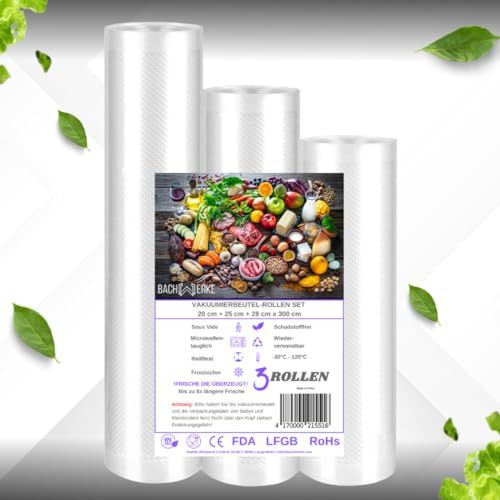 Bachwerke 3er Set Vakuumierbeutel,Vakuumierfolie,Folienrollen,Vakuumbeutel Lebensmittel, Vakumierfolienrollen,Einschweissbeutel,BPA Frei,Folienbeutel für Vakuumiergerät (20cm+25cm+28cmX 300cm)