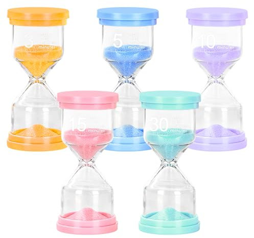 SMLOPLOM Lot de 5 sabliers (3/5/10/15/30 min), minuteur coloré pour enfants pour les devoirs, le temps de jeu, l'entraînement du brossage des dents, rose, vert, bleu, violet, orange