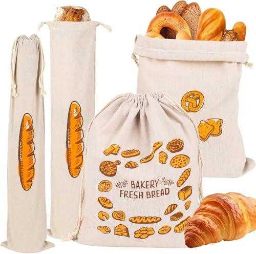 XHYASD 4 Pack Bread Bags, Reusable Linen Bread Storage Bags with Drawstring, 2 Sizes (40x30cm & 64x16cm) for Homemade Bread, Baguette, Vegetables - Keep Bread Fresh, Eco-Friendly Food Storage Bags