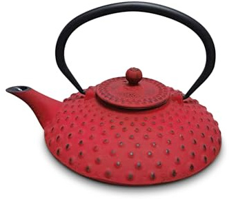 H&H Teiera in Ghisa Smaltata 0,80 L con Filtro in Acciaio Inox, Colore Rosso, Adatta a Tutti i Piani Cottura, Incluso Induzione
