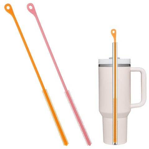 BOXOB 2pcs Silicone Straw Cleaner Brush, 9.44in Extra Long Straws Cleaner Reusable Cleaning Tool for Metal Glass Plastic Straw & Bendable Pipe (Pink,Orange)
