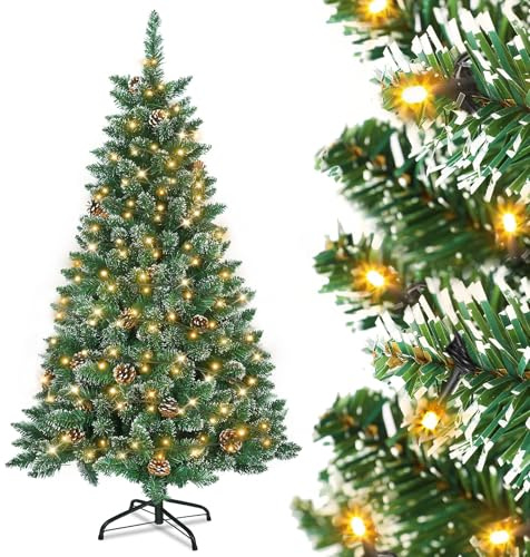 UISEBRT - Árbol de Navidad artificial con iluminación (240 cm), diseño de árbol de Navidad con luces LED y soporte para decoración navideña, de PVC verde con efecto nieve y piñas