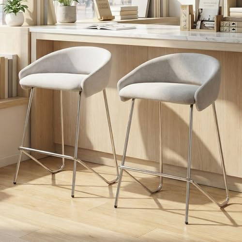 Ya-Home Tabouret de Bar Lot de 2,Chaise Haute Cuisine 65cm,Chenille,Gris | Repose-Pied en Métal,Avec Patins Réglables,Chaise Comptoir pour Îlot Central Cuisine/Bar