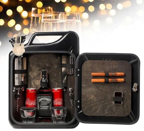 LIULIQ 20-Liter-Benzinkanister-Minibar, Kreativer Weinschrank Mit Schloss, Gehäuse Aus Eisen + Innenausstattung Aus Massivholz, Größe 36 X 47 X 17 cm – Ideal Für Ehemann, Vater, Männer, Frauen