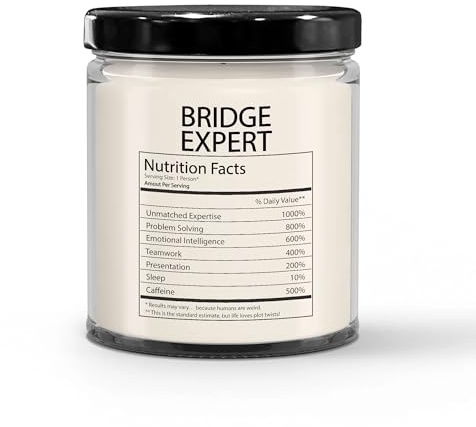 Funny Gifts for Bridge Expert Nutrition Facts Label - Christmas Candle for Coworker Bridge Engineer Employee Bridge Designer - Thank You, Birthday - Vanilla Scented Soy Wax, 9oz