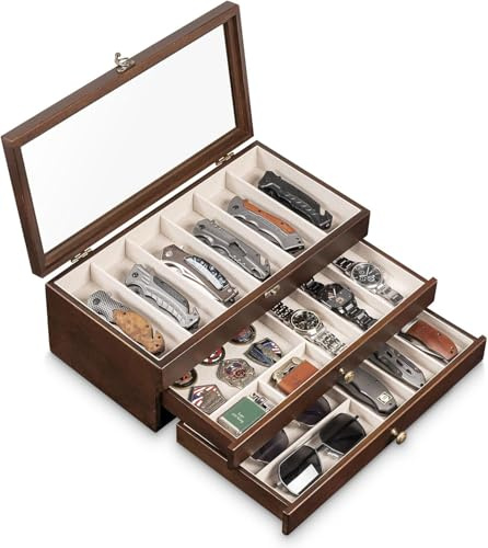 Emfogoo 3 Niveles Organizador de Navajas, Caja de Colección para Puñales con Tapa Transparente y Cajones, Exponer Vitrina para Dagas para coleccionistas, Almacenamiento y Exhibición, Regalo (Negro)