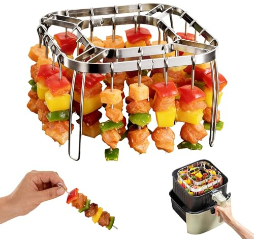 Casbomy Air Fryer Skewer Rack, Air Fryer Grill Accessories Kit with 28 Skewers, Stainless Steel Hanging Oven Skewers Rack Accessories, Barbecue Rack & Vertical Meat Skewers for Air Fryer