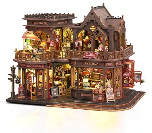 Cuteefun Magic Miniature House Kit, Doll House with LED -Magic Bookstore | 3D Wooden Puzzle, Creative Handicraft for Adults Teens to Building, Home Decoration, Unique Gift for Birthday Christmas' Day