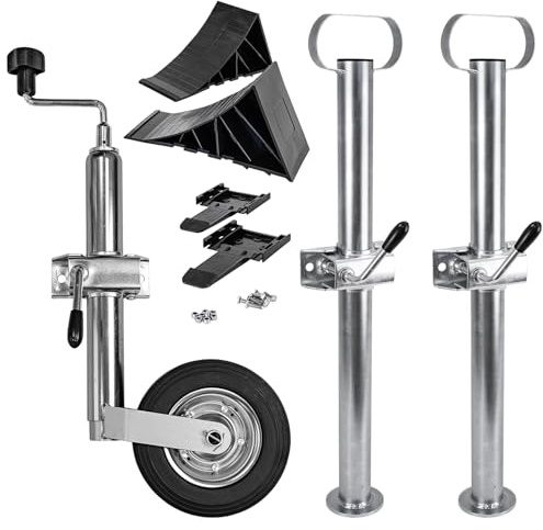 Trucky Set Stützrad für Anhänger + 2X Anhängerstützen + 2X Unterlegkeile Pkw Deichselrad Klemmhalter Anhängerstützrad Keil