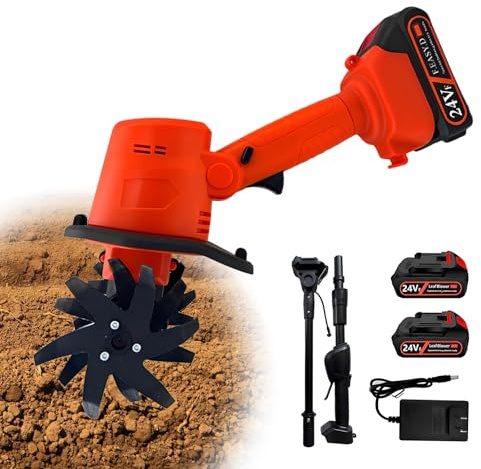 Motobineuse Électrique sans Fil, 24V 235 RPM Mini Motoculteur de Jardin avec 2 Batteries & D'extension Amovible, 4 Lames Acier, 10cm Largeur/Profondeur pour Potager, Jardin et Serre
