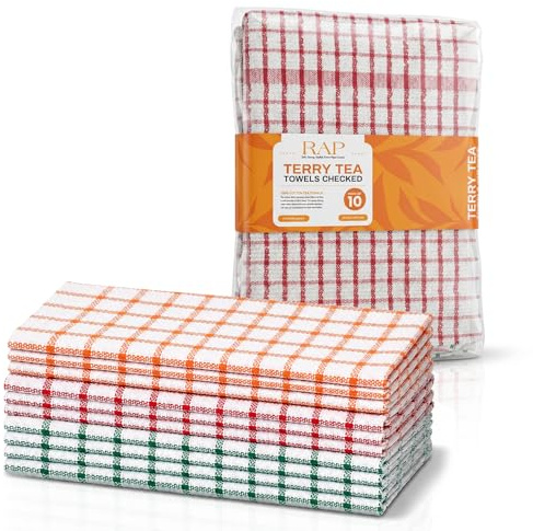 10 Terry Tea Towels Cotton 68 x 46 cm Kitchen Dish Cloths Bar Towels Set | Terry towelling, highly absorbent, lint free, assorted colours, for kitchen, catering and bar use