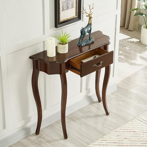 Tavolo Consolle a Mezzaluna in Legno Massello con Cassetto, Tavolo da Ingresso Semicircolare Vintage, Tavolino Dietro Divano, Corridoio, Soggiorno, Decorazione Ingresso(Walnut,35*11*31.4in)