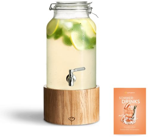 SPRINGLANE Greta Dispenser per bevande in vetro con rubinetto in acciaio inossidabile e supporto in rovere, distributore di limonata, barattolo di vetro dal design vintage (5 L)