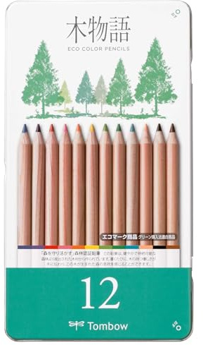 Tombow Ki-Monogatari Eco Farbstift, praktischer Metalldose, PEFC zertifiziert, wachsbasiert, 12er Set [CB-RS-12C]