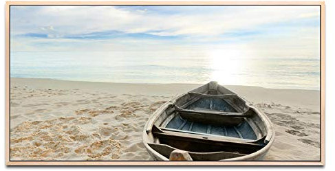 Schiff am Strand ca. 130x70cm Wandbild inklusive Schattenfugenrahmen naturfarbend - Panorama Leinwand Bild XXL Format Wandbilder Wohnzimmer Wohnung Deko Kunstdrucke