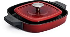 Woll – Iron Grillpfanne 24 x 24 cm rot viereckig mit Rillen, Steakpresse & Silikongriffen – Induktion Eisenguss-Pfanne 4,5 cm hoch – robust, für alle Herdarten, backofenfest