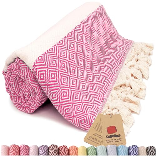 Bazaar Anatolia Hamamtuch Saunatuch 100% Baumwolle Badetuch Groß 185x100 cm Orientalische Deko Decken Boho Sauna Yoga Diamant (Fuchsia)