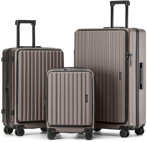 Münicase Koffer Expandierbar – Hartschalen-Trolley mit Oberseiten-Öffnung, Kompressionsgurt & extra Stauraum | Strapazierfähig, Dehnungsfuge, Kratzfest, leicht (Coffee, Set)