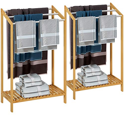 2X Porte-Serviettes en Bambou sur Pied avec 3 Barres en Acier Inoxydable Étagère de Rangement Salle de Bain