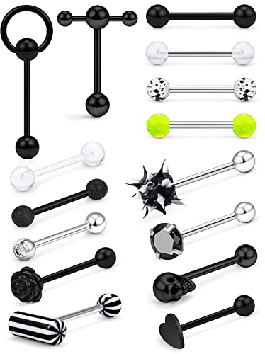 Prjndjw 14G Surgical Steel Tongue Rings for Women Men Teaser Double Barbell with Slave Ring Skull/Flower/Silicone Soft Spike Ball/CZ/Door Knocker/Pill Tongue Ring Piercing Jewelry 5/8inch Black