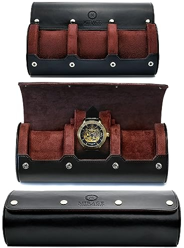 M Mirage Luxury Travel Uhrenetui zur Organisation, für unterwegs, für 3 Uhren, zur Aufbewahrung und Präsentation, jade-schwarz, mit mahagonibraunem Innenfutter, veganes Leder