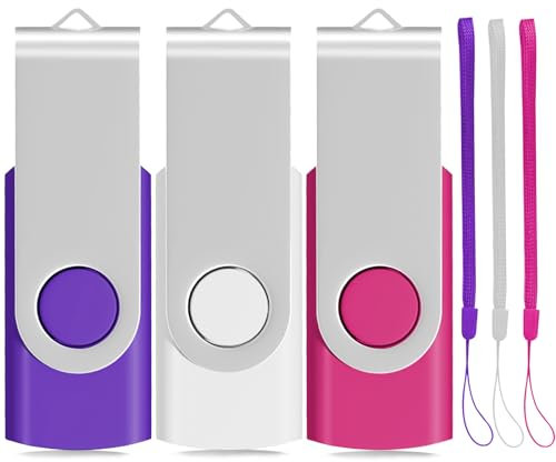 Memory Stick 64GB 3 Pack USB 2.0 Thumb Drive Swivel Design Pen Drive Fold Computer Storage (White/Pink/Purple)