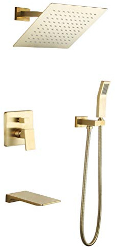 Shower Faucet System Mixer Set, Bathtub Shower Fixtures 8-10 Inch Rain Shower Head and Hand Shower Head with Waterfall Tub Faucet Spout Wall Mounted Shower System Kit,Brushed Gold,8 inch