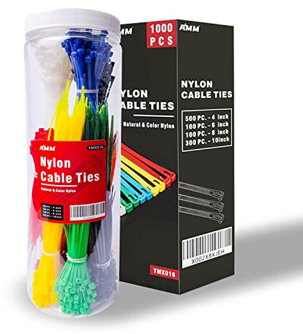 AMM Cable Zip Ties，1000 Pack colored zip ties Assorted Sizes 4, 6, 8 and 10 inches with a plastic storage jar，Multi-Purpose Self-Locking Nylon Cable Ties Cord Management Ties,Wire Ties for Home,Office