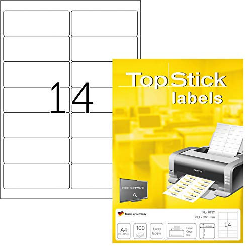 TopStick 8757 Adressetiketten, 1000 Blatt, 99,1 x 38,1 mm, 14 pro A4 Bogen, 14000 Stück, selbstklebend, bedruckbar, matt, blanko Papier Adressaufkleber Etiketten, weiß