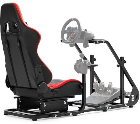 Marada Adjustable Racing Simulator Cockpit Frame with Gear Shifter Mount Fit for Logitech G29 G920 G923 with Red Seat Steering wheel stand Not Included Steering Wheel, Pedal & Shifter