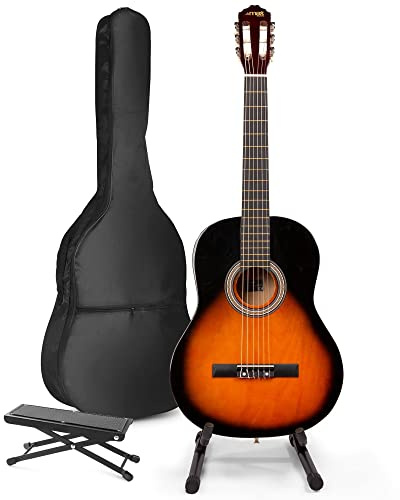 MAX SoloArt Guitarra Clásica Española Sunburst para Principiantes y Niños - Set Completo con Reposapiés, Soporte, Funda, Afinador Digital, Correa, Púas y Cuerdas de Repuesto Incluidos