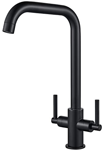 Luckyhome Black Kitchen Sink Mixer tap,360°Traditional Dual Lever Swivel Spout Chrome Brass Kitchen Faucets